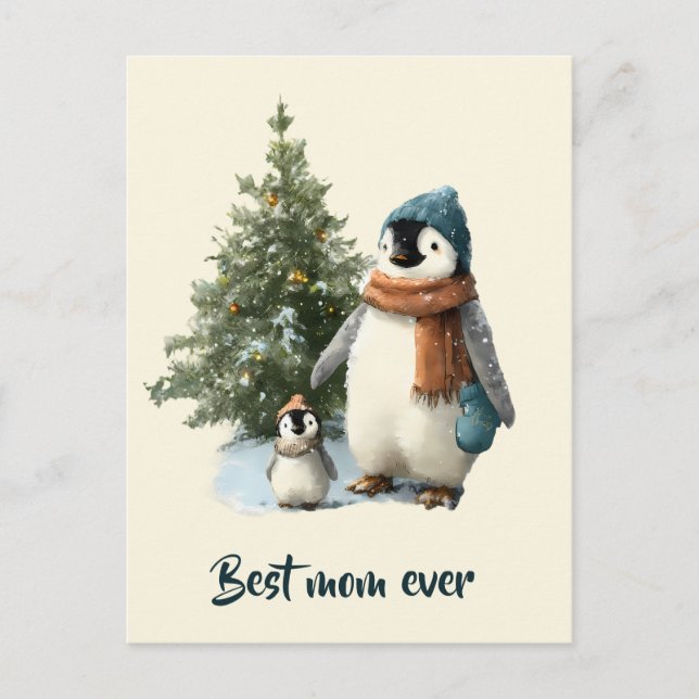 Personalized Winter Penguin “Best Mom Ever” Vykort (Framsida)