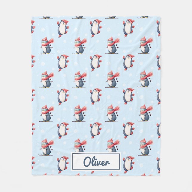 Personalized Winter Penguin Boys Fleece Blanket (Framsidan)