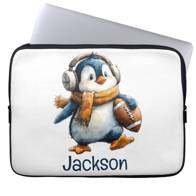 Personalized Winter Penguin Football Kid Laptop Fodral (Framsidan)