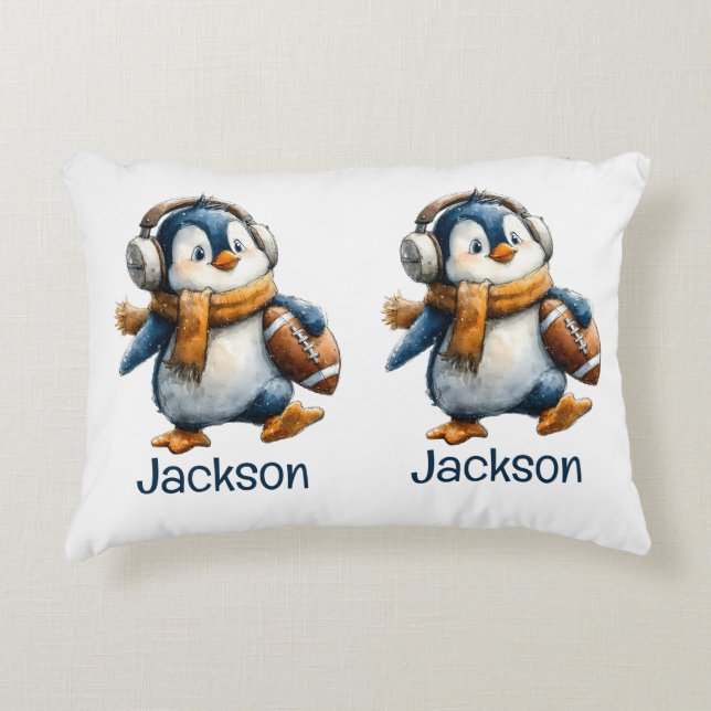 Personalized Winter Penguin Football Kid Prydnadskudde (Framsidan)