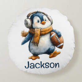 Personalized Winter Penguin Football Kid Rund Kudde