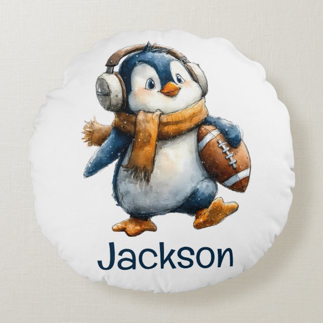 Personalized Winter Penguin Football Kid Rund Kudde (Framsidan)