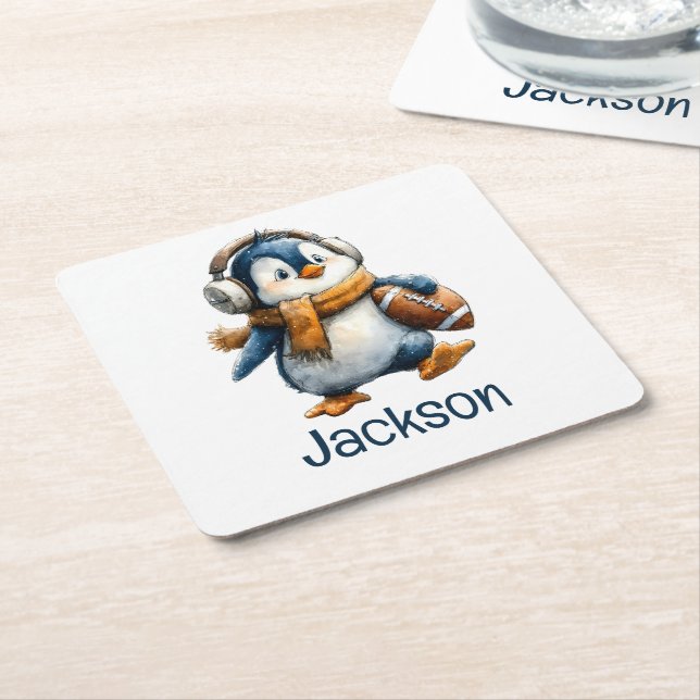 Personalized Winter Penguin Football Kid Underlägg Papper Kvadrat (Vinklad)