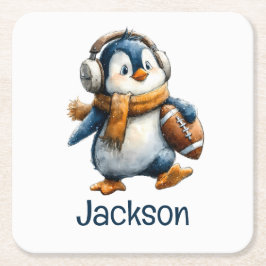 Personalized Winter Penguin Football Kid Underlägg Papper Kvadrat