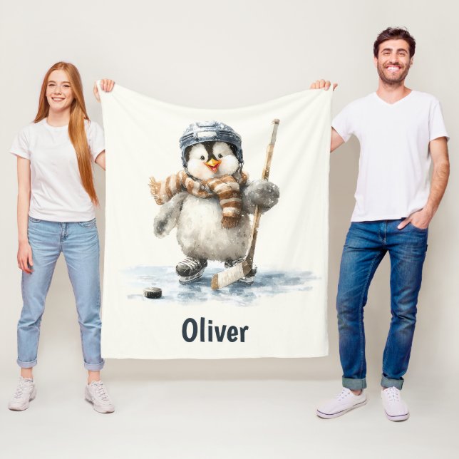Personalized Winter Penguin Hockey Kid Fleecefilt (På plats)