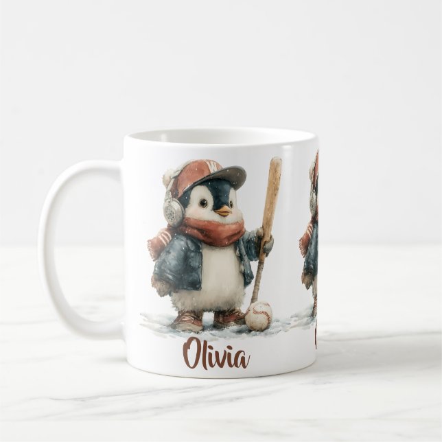 Personalized Winter Penguin Softball Kid Kaffemugg (Vänster)
