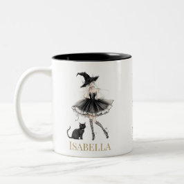Personalized Witch & Black Cat Mug with Gothic Bow Två-Tonad Mugg
