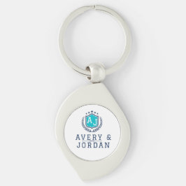 Personalized wite blue Monogram Wedding Swirl Silverfärgad Nyckelring