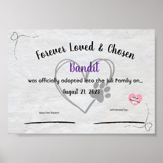 Personalzied Pet Adoption Certificate  Poster (Framsidan)