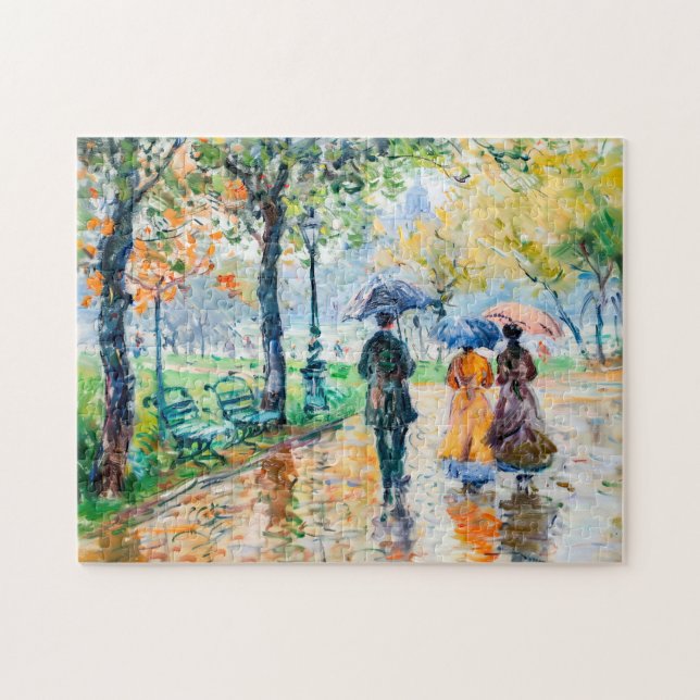 Personer med paraplyer i parken pussel (Horisontell)