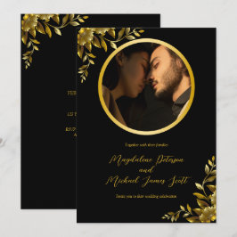 Personfoto Guld Circle Ram på Svarta Bröllop Inbjudningar