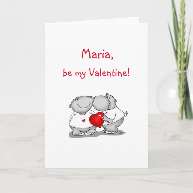Personifiera med namn - flodhästkyssvalentin dag helgkort (Framsida)