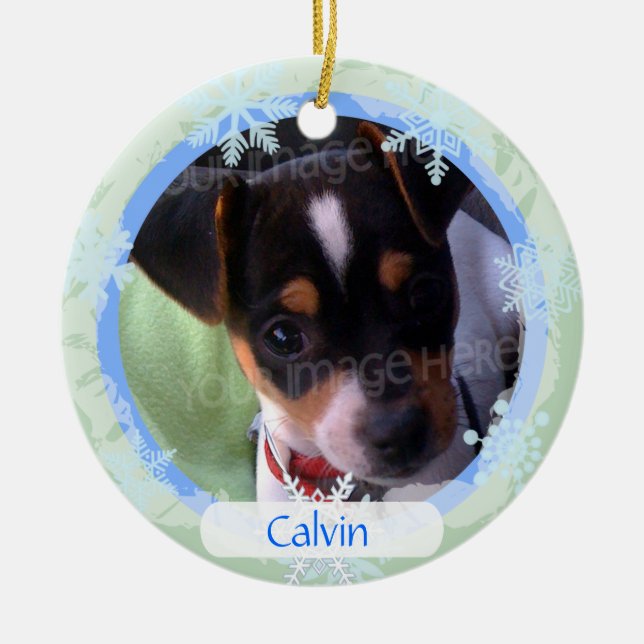 Personifierad dubbelsidig fotoramblått & grönt julgransprydnad keramik (Framsidan)