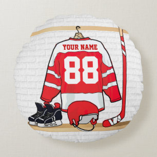 Personifierad röd och vitishockey Jersey Rund Kudde