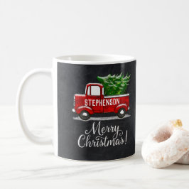 Personifierad röd pickup lastbilträdgod jul kaffemugg