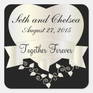 Personifierar guld- hjärta   för bröllopsdagvit fyrkantigt klistermärke