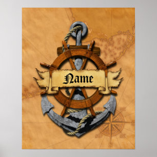 Personifierat nautiskt ankrar och rullar poster