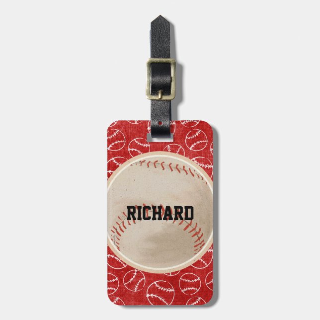 Personifierat rött baseballmönster med baseball bagagebricka (Vertikal Framsida)