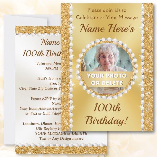 Personlig, 100:e Födelsedagsfest inbjudan (Personalized and Photo, 100th birthday party invitations. 100th birthday ideas for female. Woman.)