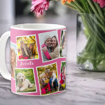 Personlig 10 Fotokollage Rosa Kaffemugg<br><div class="desc">Personlig Photo Mugg med ditt namn och tio av dina favoritfoton. Fotomallen har ställts in för att skapa fotokollage med bilder i en blandning av kvadrat-/instagram- och porträtt-format. Du kan också lägga till ditt namn, som skrivs ut på båda sidor i ren skripttypografi. Utformningen har en färg-palett med rosa och...</div>