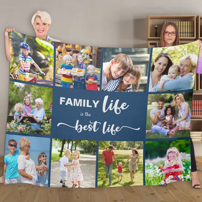 Personlig 10 Photo Collage Family Life Blue Fleecefilt (Skapare uppladdad)