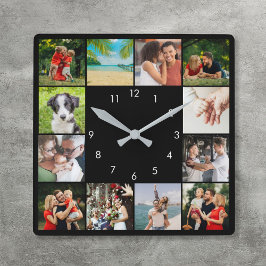 Personlig 12-familjens fotokollage Black Fyrkantig Klocka