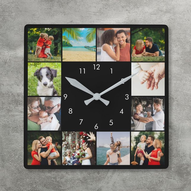 Personlig 12-familjens fotokollage Black Fyrkantig Klocka (Personalized 12 Family Photo Collage Black Square Wall Clock)