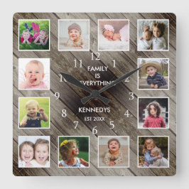 Personlig 12 Fotokollage Farmhouse Barn Wood Fyrkantig Klocka