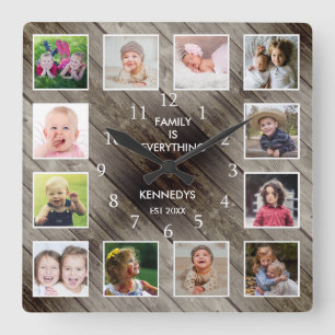 Personlig 12 Fotokollage Farmhouse Barn Wood Fyrkantig Klocka