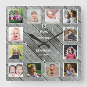 Personlig 12 Fotokollage Farmhouse Grått Wood Fyrkantig Klocka