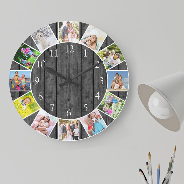 Personlig 12 Fotokollage Grått Wood Round Stor Klocka (Photo clock with 12 photos, one at each hour. Great design for your home or a thoughtful photo gift.)