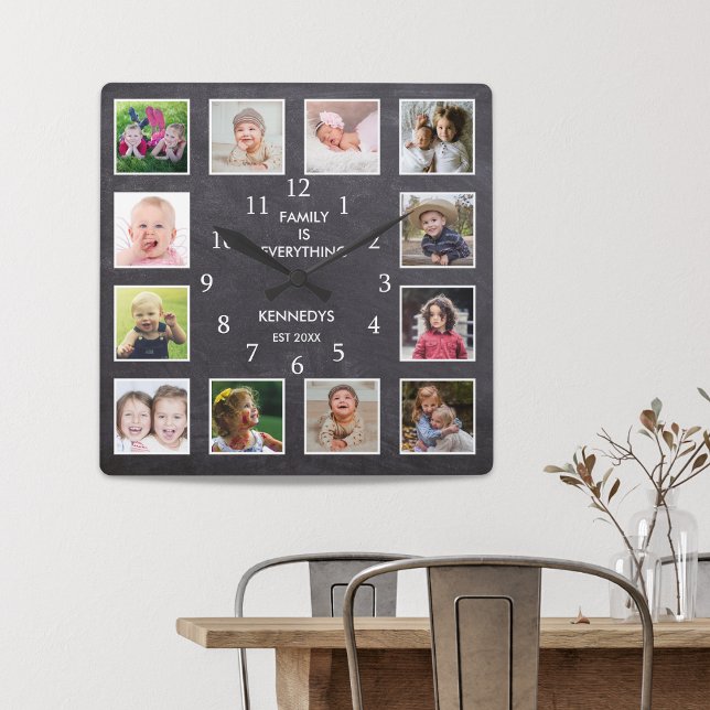 Personlig 12 Fotokollage Ram-kartong Fyrkantig Klocka (Personalized 12 Photo Collage Frame Chalkboard Square Wall Clock)