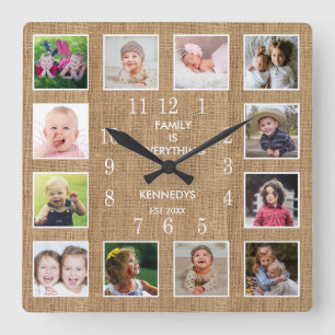 Personlig 12 Fotokollage Ram Rustic Burlap Fyrkantig Klocka