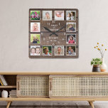 Personlig 12 Fotokollage Rustic Brown Wood Fyrkantig Klocka<br><div class="desc">Skapa en egen fotokollageväggklocka med 12 av dina favoriter bilder. Fotoklockan ram hjälper dig att uppskatta dina speciellare ögonblick och gör också en tankeväckande gåva till föräldrar, mor- och farföräldrar och vänner. personligens familjeklocka gör det till en perfekt för tillfällen. Anpassa till namn och fastställa datum. "Familjen är allt"-offerten ger...</div>