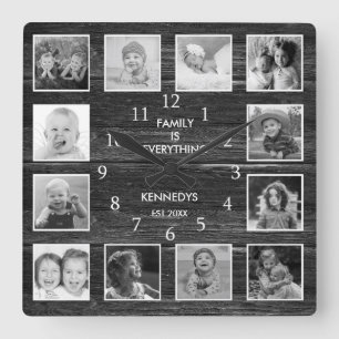 Personlig 12 Fotokollage Rustic Farmhouse Fyrkantig Klocka