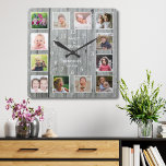 Personlig 12 Fotokollage Rustic Grått Wood Fyrkantig Klocka<br><div class="desc">Skapa din egen fotokollage-väggklocka med 12 av ditt favoritbilder. Obs! Ladda upp dina foton efter beskärning till en kvadratisk storlek. Detta kommer att hjälpa er att undvika att stänga av ansikte i hörnen. Fotoklockan ram hjälper dig att uppskatta dina speciella stunder och ger också en tankfull gåva till föräldrar, mor-...</div>