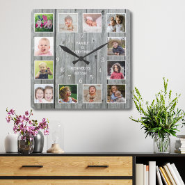 Personlig 12 Fotokollage Rustic Grått Wood Fyrkantig Klocka