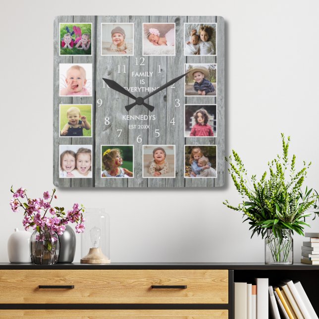 Personlig 12 Fotokollage Rustic Grått Wood Fyrkantig Klocka (Skapare uppladdad)