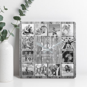 Personlig 12 Fotokollage Rustic Grått Wood Fyrkantig Klocka
