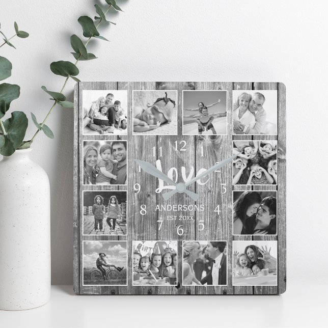 Personlig 12 Fotokollage Rustic Grått Wood Fyrkantig Klocka (Skapare uppladdad)