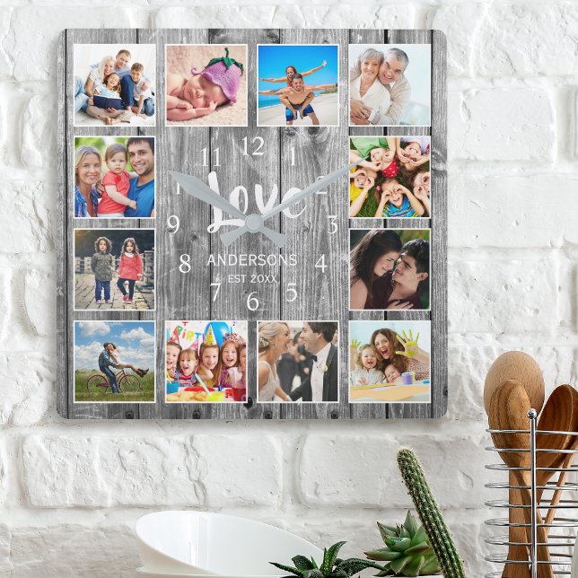 Personlig 12 Fotokollage Rustic Grått Wood Fyrkantig Klocka (Skapare uppladdad)