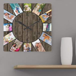 Personlig 12 Fotokollage Rustic Mörk Wood Fyrkantig Klocka