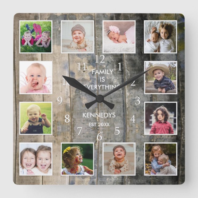 Personlig 12 Fotokollage Rustic Nedfläckad Wood Fyrkantig Klocka (Framsida)