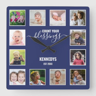 Personlig 12 Photo Collage Family Blessing Blue Fyrkantig Klocka