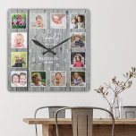 Personlig 12 Photo Collage Family Namn Wood Fyrkantig Klocka<br><div class="desc">Skapa din egen fotokollage-väggklocka med 12 av ditt favoritbilder. Obs! Ladda upp dina foton efter beskärning till en kvadratisk storlek. Detta kommer att hjälpa er att undvika att stänga av ansikte i hörnen. Fotoklockan ram hjälper dig att uppskatta dina speciella stunder och ger också en tankfull gåva till föräldrar, mor-...</div>