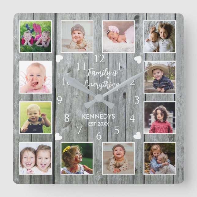 Personlig 12 Photo Collage Grått Wood Family Fyrkantig Klocka (Framsida)