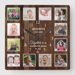 Personlig 12 Photo Collage Quote Brown Wood Fyrkantig Klocka