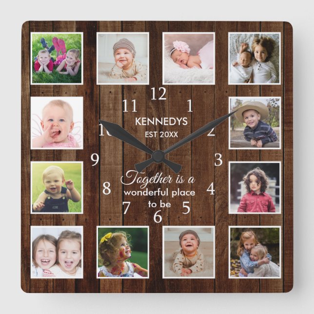 Personlig 12 Photo Collage Quote Brown Wood Fyrkantig Klocka (Framsida)