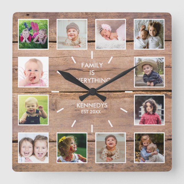 Personlig 12 Photo Collage Rustic Brown Wood Fyrkantig Klocka (Framsida)