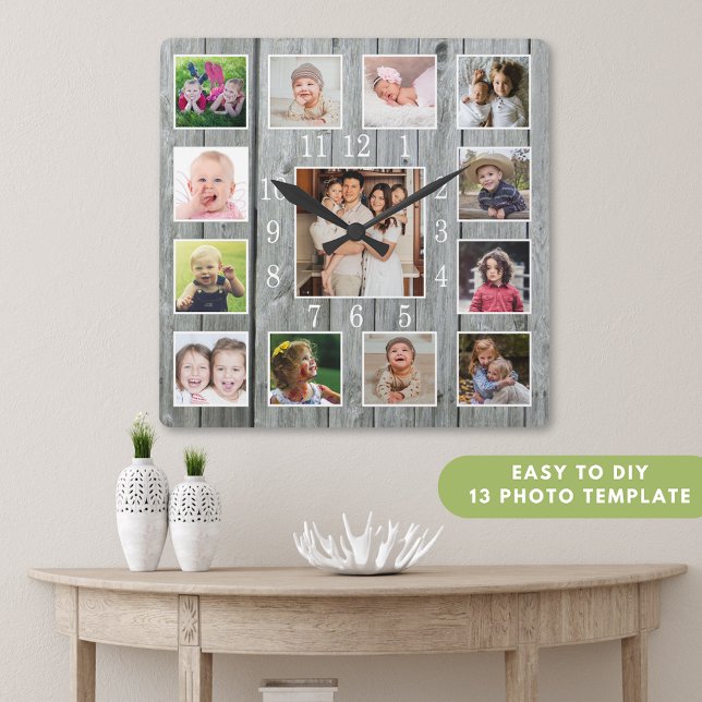 Personlig 13 Fotokollage Rustic Grått Wood Fyrkantig Klocka (Personalized 13 Photo Collage Rustic Gray Wood Square Wall Clock)